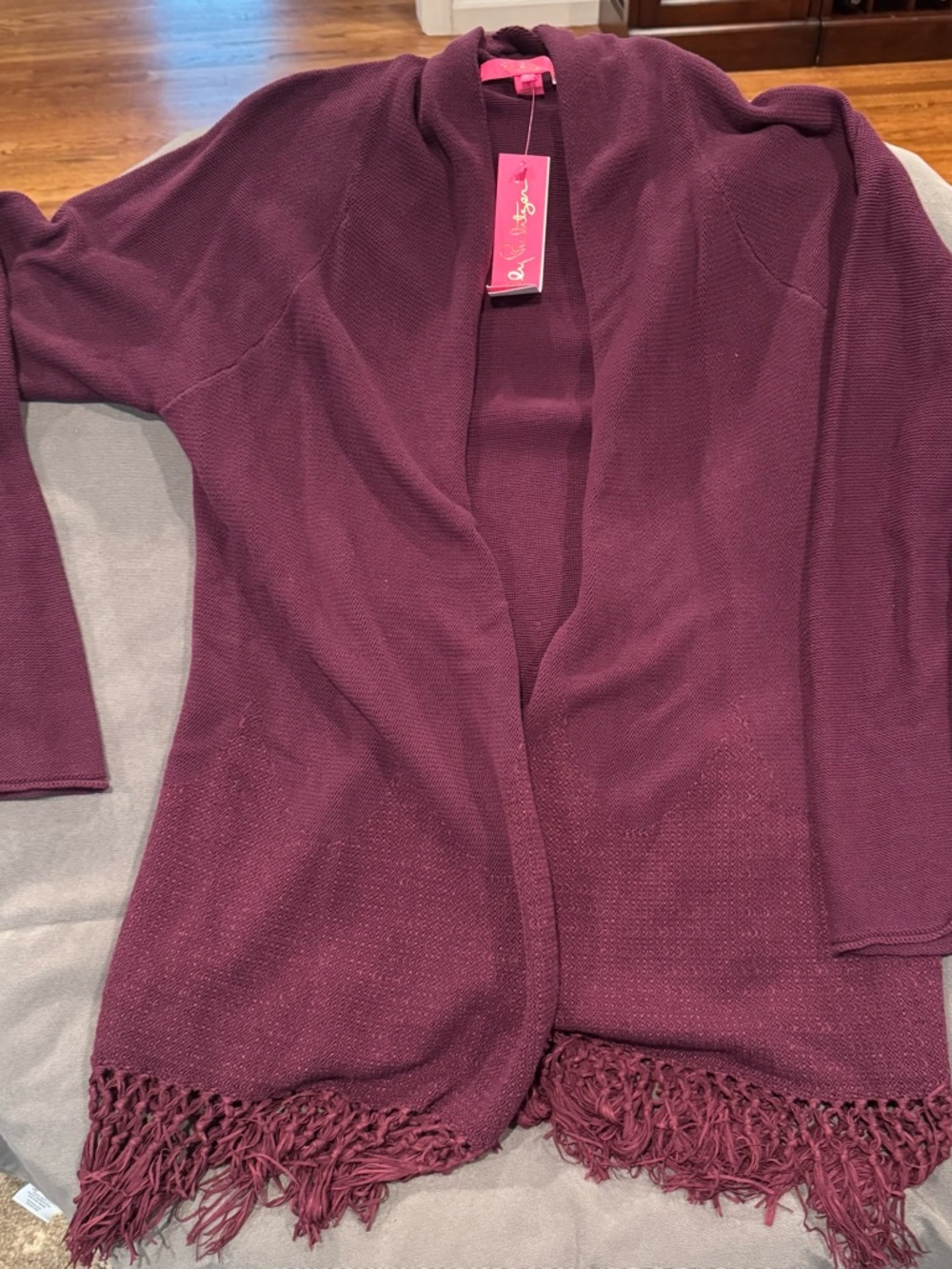 Open-Front Fringe Hem Sweater Cardigan in Plum